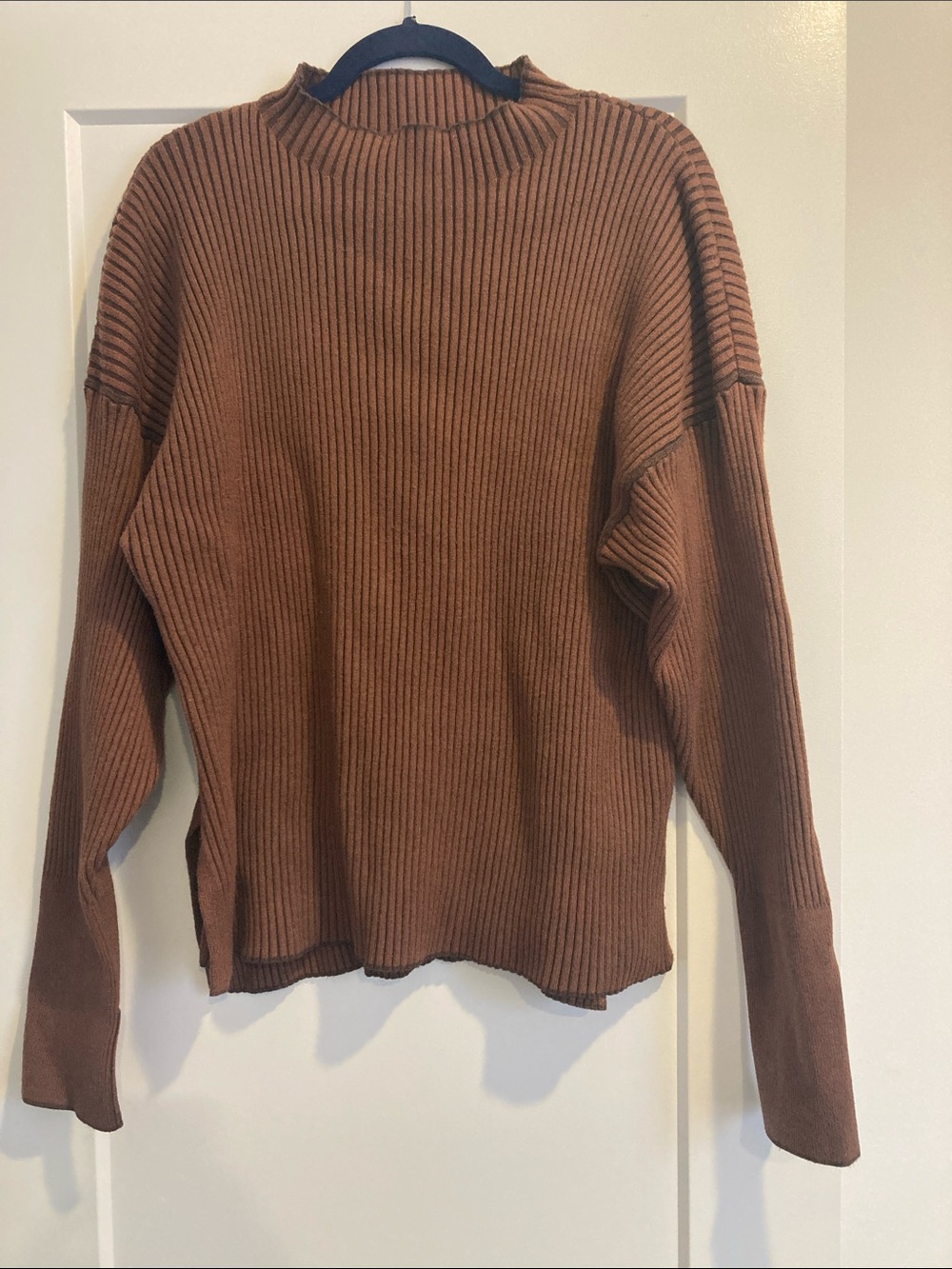 Varley Women’s Emile Ribbed Sweater in Chestnut w/Dark Brown Contrast Stitching